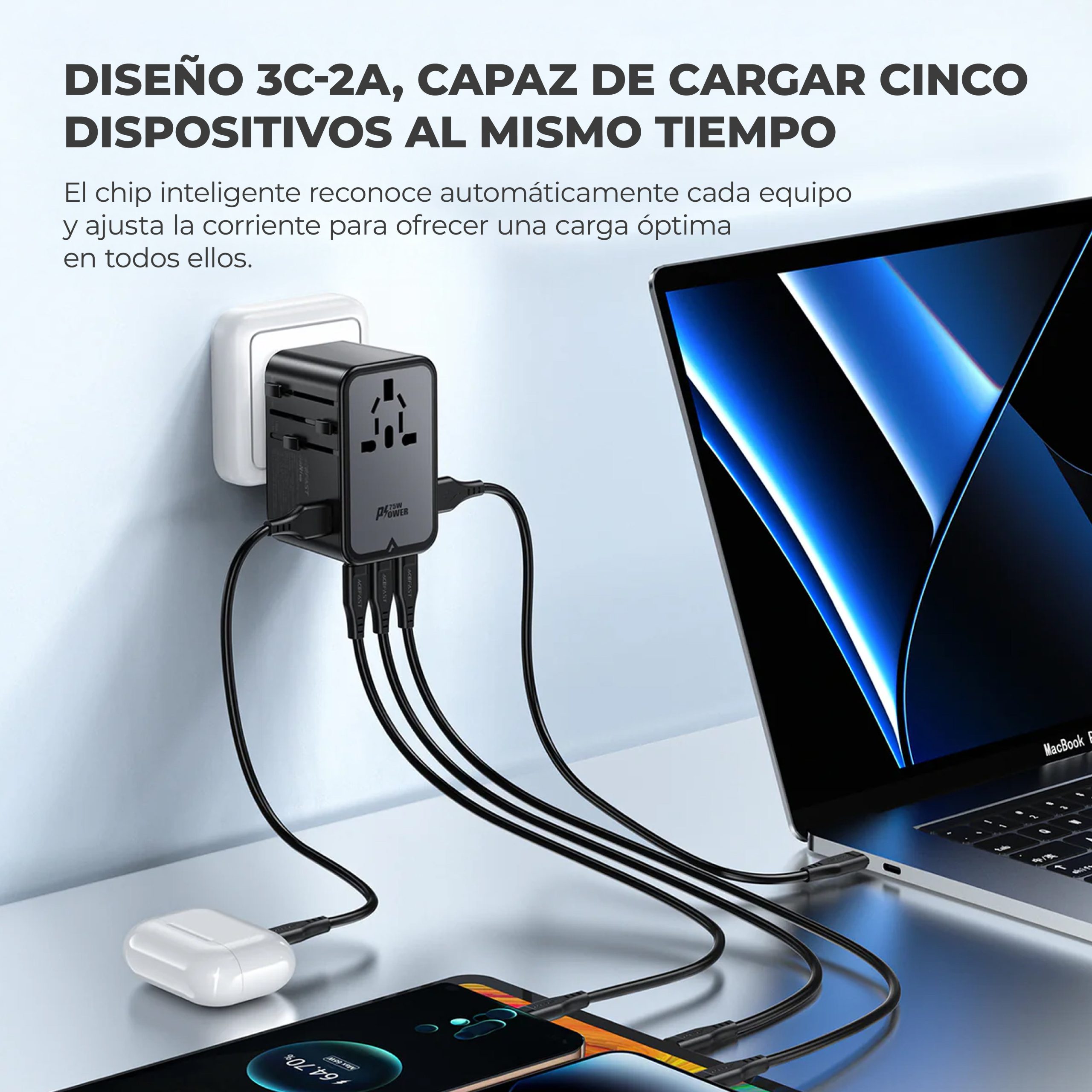 Adaptador de viaje Acefast GaN 75W 3xUSBC +2xUSBA +1xAC Multifuncional - Imagen 2