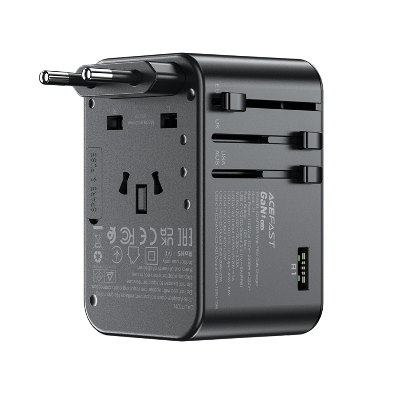 Adaptador de viaje Acefast GaN 75W 3xUSBC +2xUSBA +1xAC Multifuncional