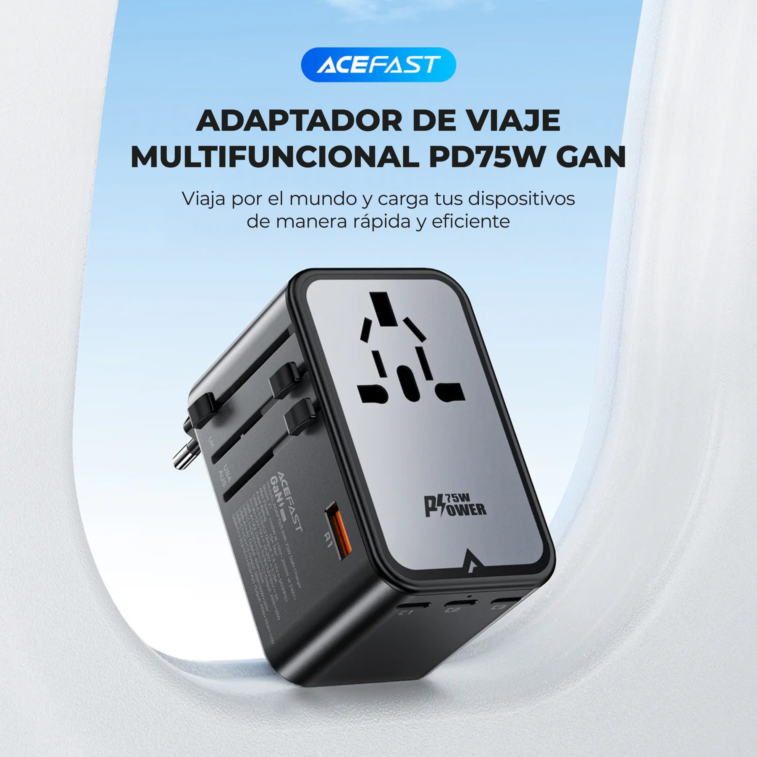 Adaptador de viaje Acefast GaN 75W 3xUSBC +2xUSBA +1xAC Multifuncional - Imagen 3