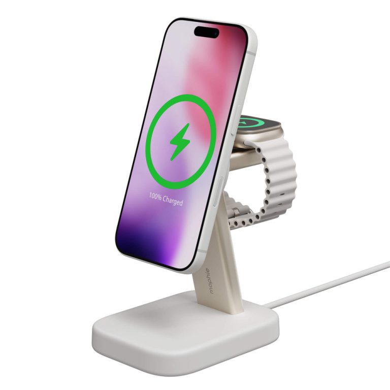 Base de carga inalámbrica mophie 2 en 1 con certificación Qi2 para iPhone y Apple Watch