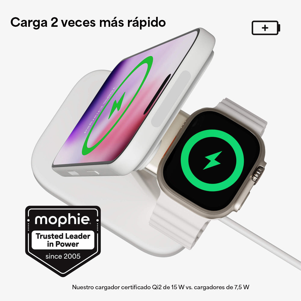 Base de carga inalámbrica mophie 2 en 1 con certificación Qi2 para iPhone y Apple Watch - Imagen 2