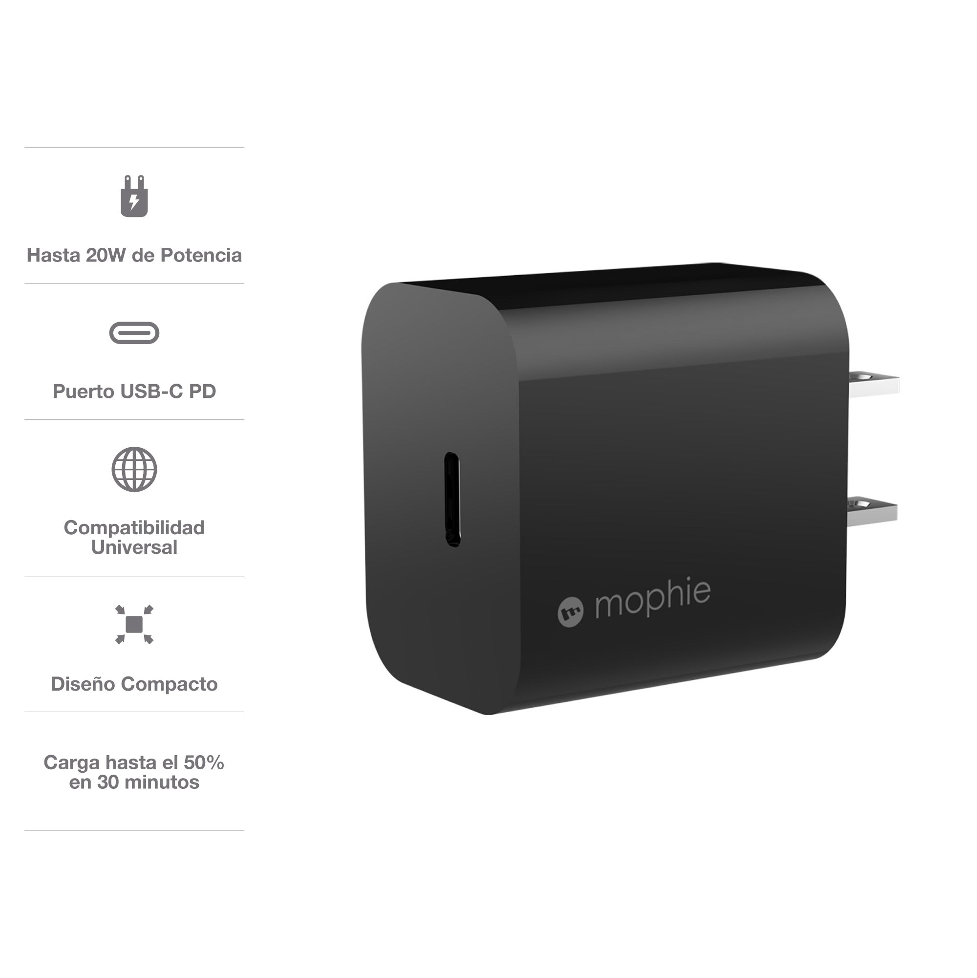 Cargador de Pared mophie con puerto USB-C PD de 20W para celulares y tabletas - Negro - Imagen 3