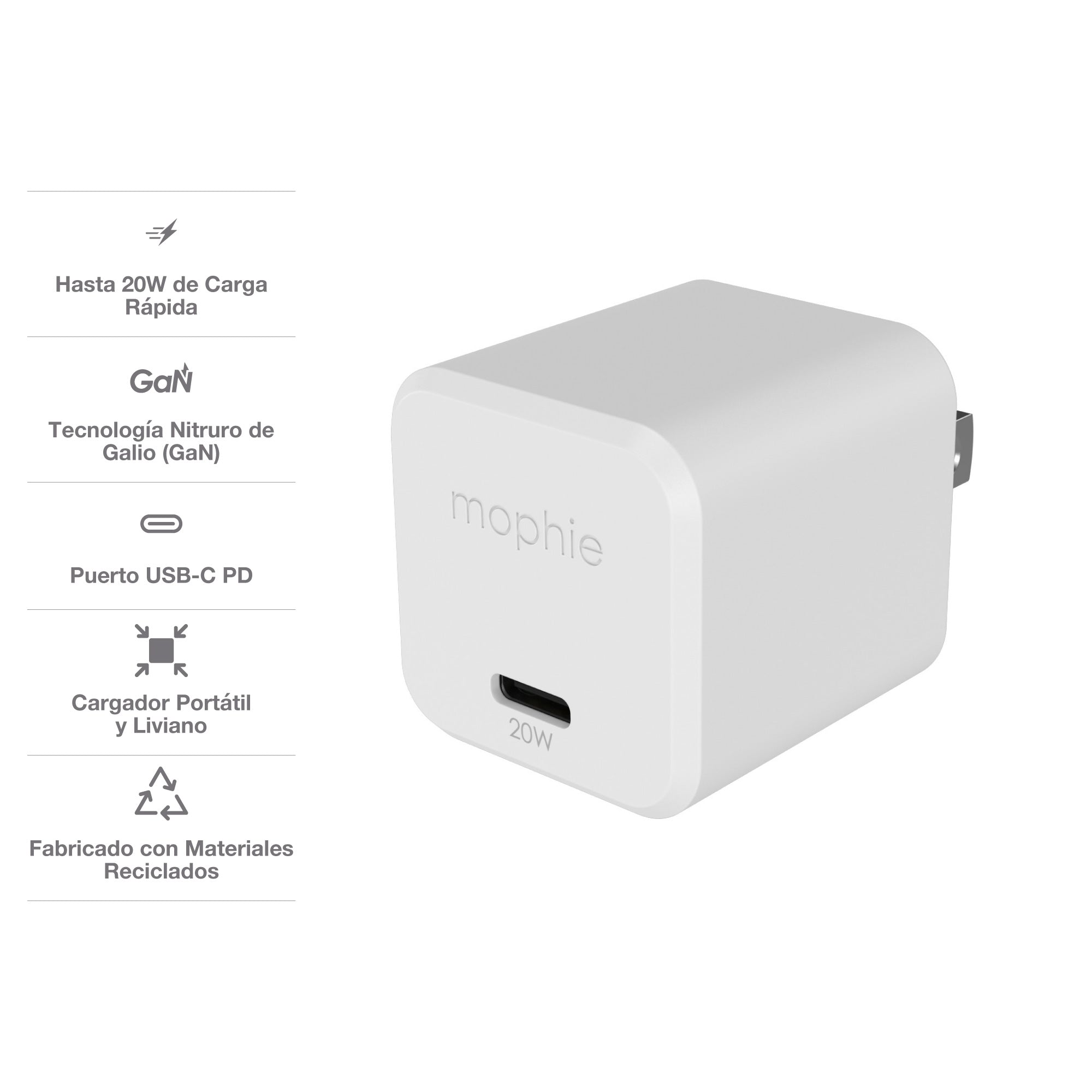 Cargador de Pared mophie USB-C de carga rápida GaN hasta 20W para smartphones y tabletas - Imagen 3
