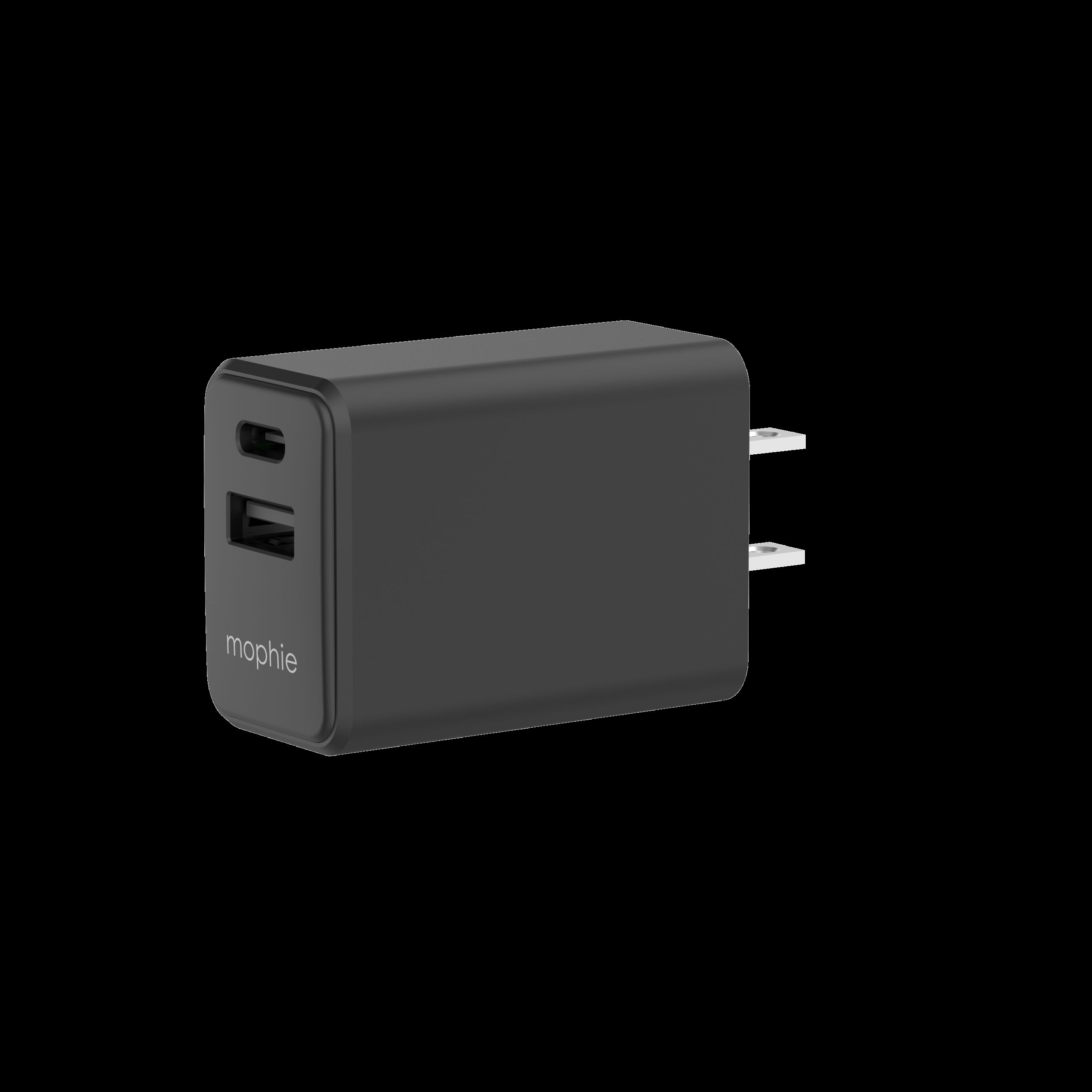 Cargador de pared mophie de 30W PD con puertos USB-C y USB-A Negro
