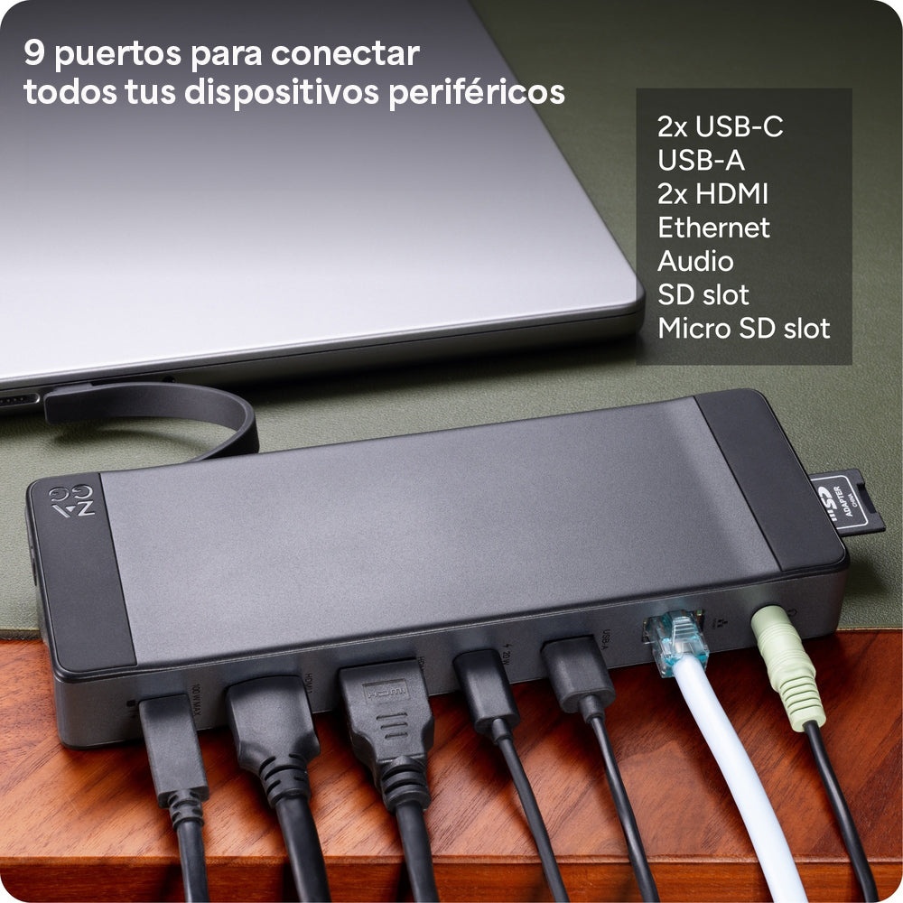 Hub adaptador ZAGG 9 puertos: 2 USB-C, 2 HDMI 4K, Ethernet, USB-A, SD/MicroSD, 1 cable USB-C integrado - Imagen 3
