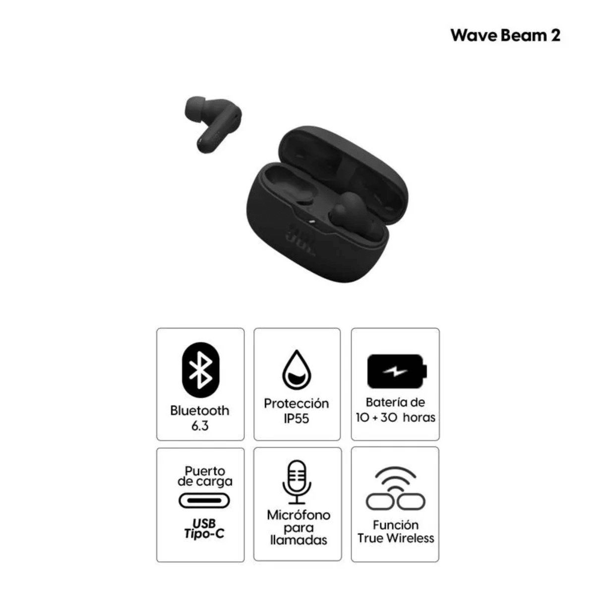 Audífonos Bluetooth JBL Wave Beam 2 | True Wireless | 32H Batería | Llamadas Claras | Negro - Imagen 3