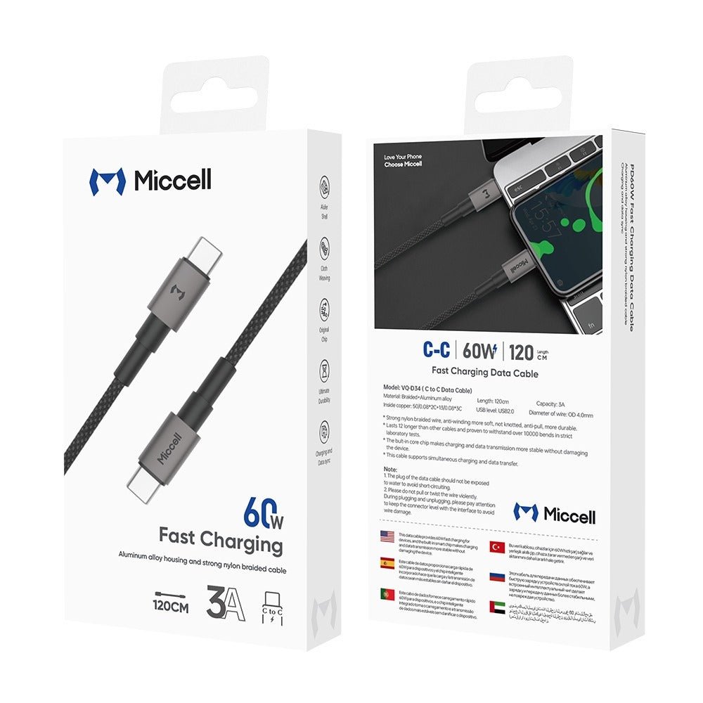 Cable Carga rápida USB-C a USB-C 60W (1m) Miccell VQ-D34 Aluminio y Nylon trenzado - Imagen 2