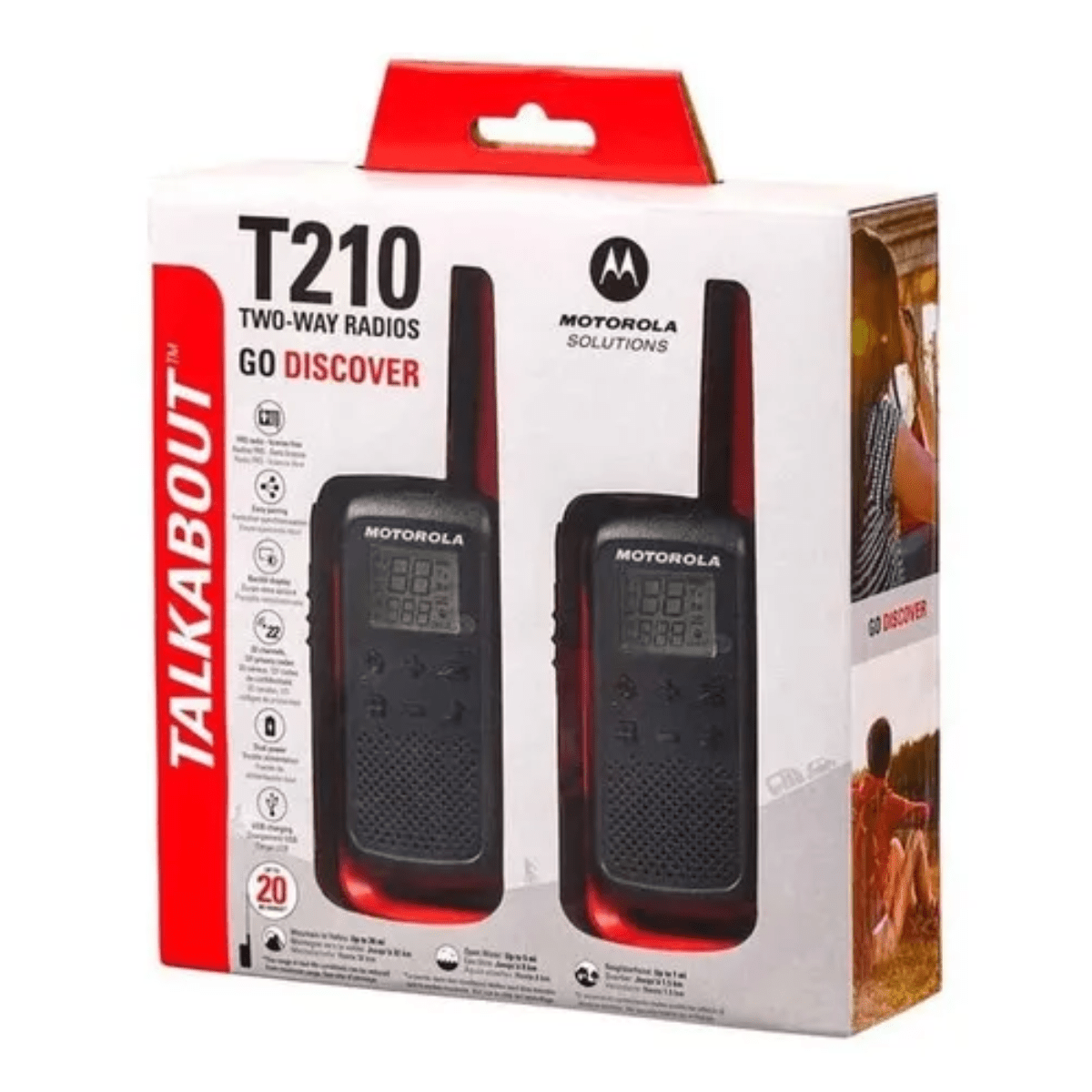 Radio Motorola T210PE Talkabout FRS paquete x2, 14 canales, alcance 32 km, apróx. 18 horas, negro y rojo